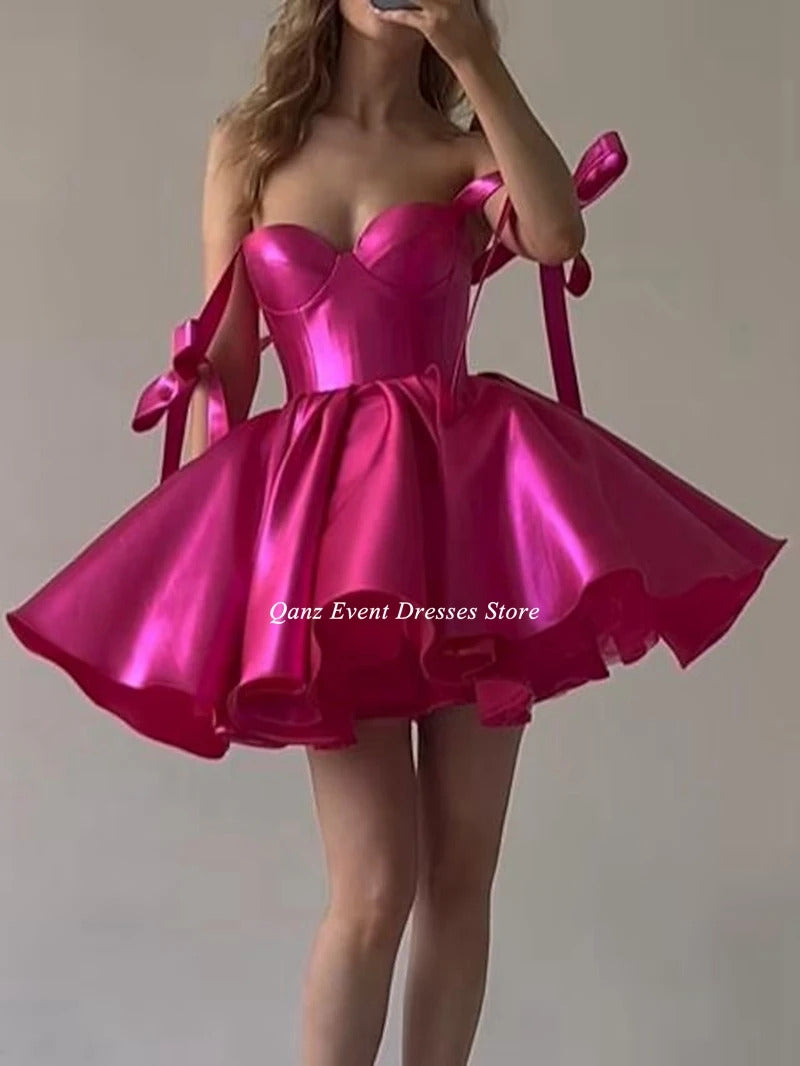 Qanz Short Evening Dresses Prom Gowns Sweetheart Detachable Straps With Bow Customized Mini Club Party Dresses Vestidos De Gala