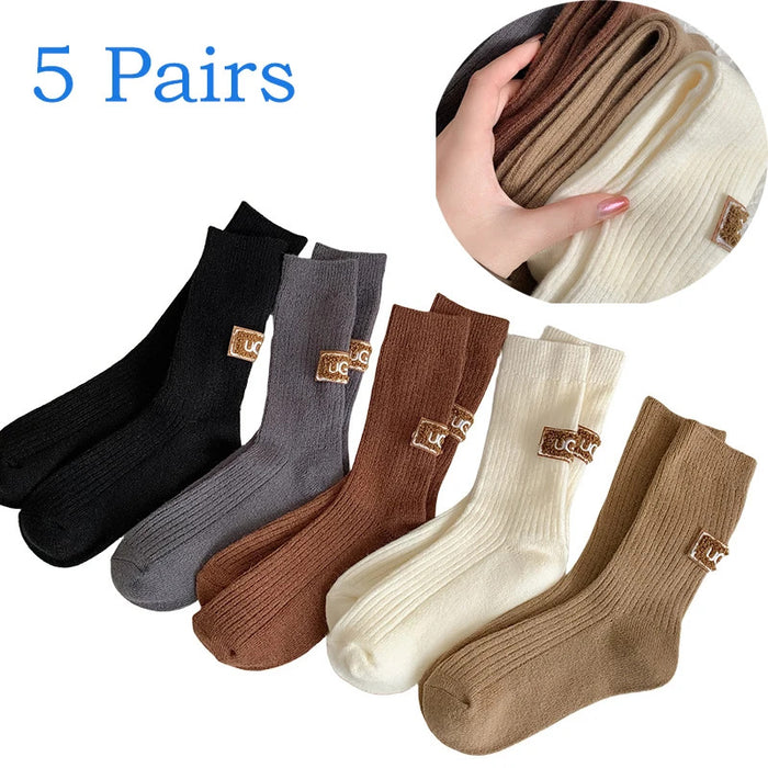 5 Pairs Winter Socks Women Cashmere Wool Socks Solid Warm Thickened Pile Embroidered Logo Mid-Calf Socks Casual Snow Boot Socks