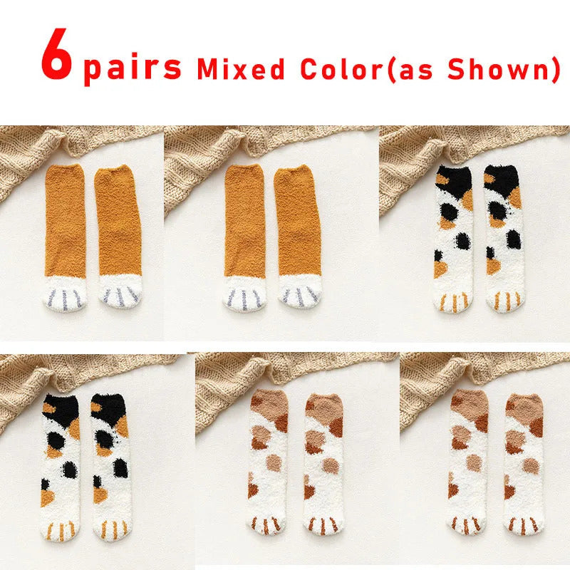 6 pairs Woman socks Set Cartoon Cute 3D Dog Cat Paw Pattern Winter Female Fleece Warm Home Floor Sleeping Thick Socks Wholesale