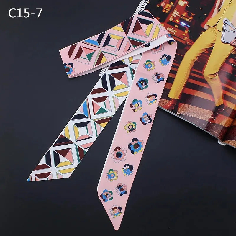 2024 Spring Border New Geometric Diamond Small Flowers Women's Decorative Small Silk Scarf Bundle Bag Handle Ribbon Small Scarf