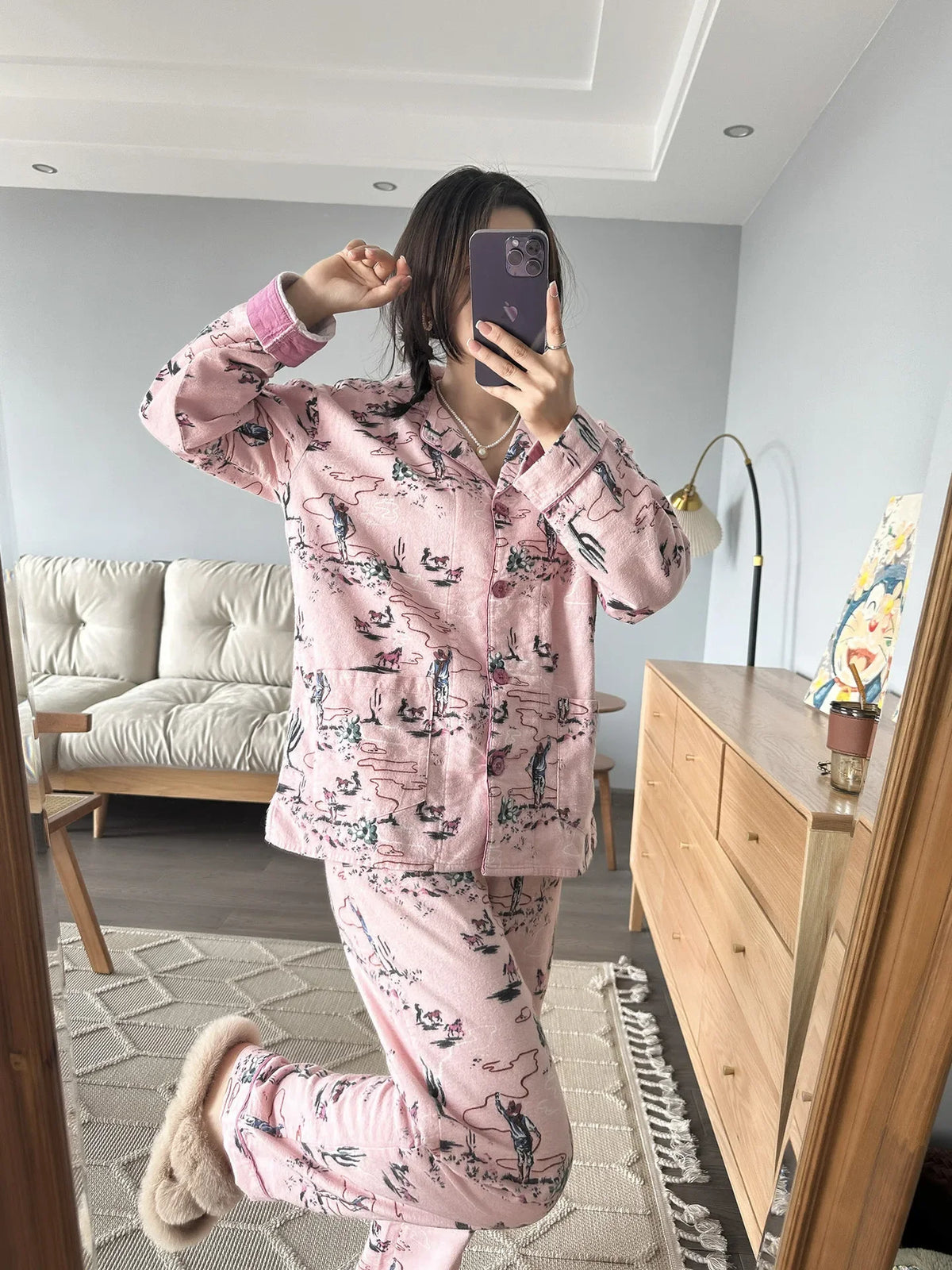 100% Cotton Pajamas for Women Loose Cartoon Long Sleeve Pants Loungewear Women 2 Piece Set Pj Women Outfit Sleepwear Set Pijamas