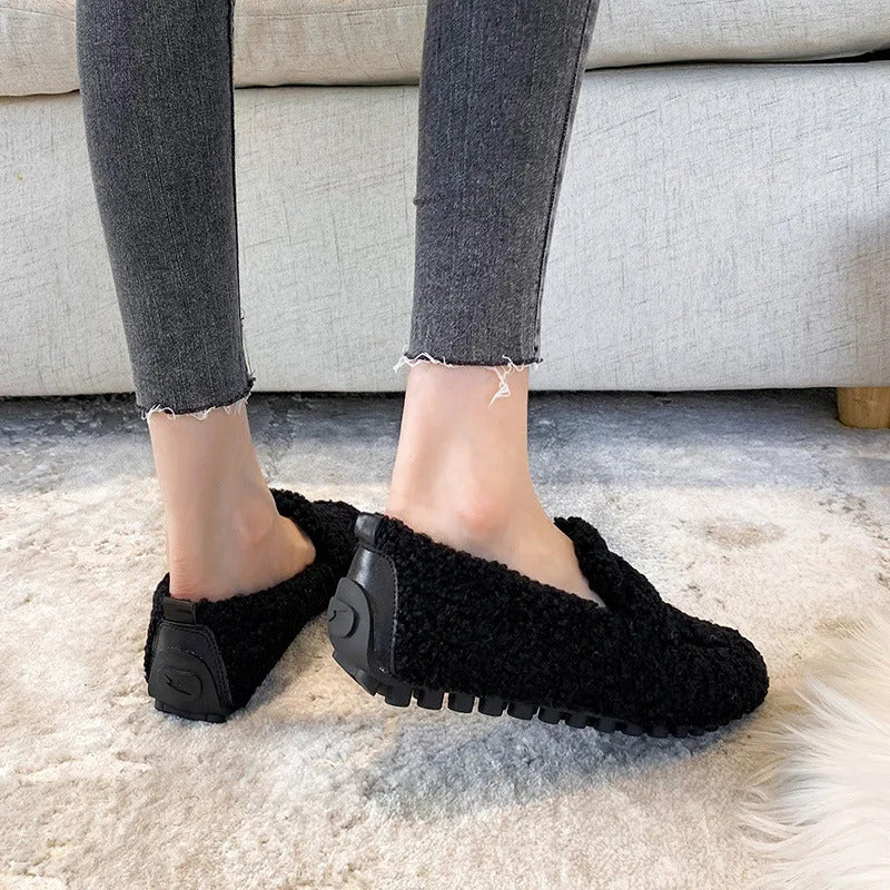 Luxury Sheep Fur Lined Loafers Women Lambswool Shoes Ladies Winter Slip On Furry Flats Cotton Wool Mocasine Femme Barefoot Boots