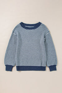 Sail Blue Striped Lantern Sleeve Drop Shoulder Cozy Sweater