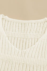 White Loose Long Sleeve V Neck Open Knit Sweater