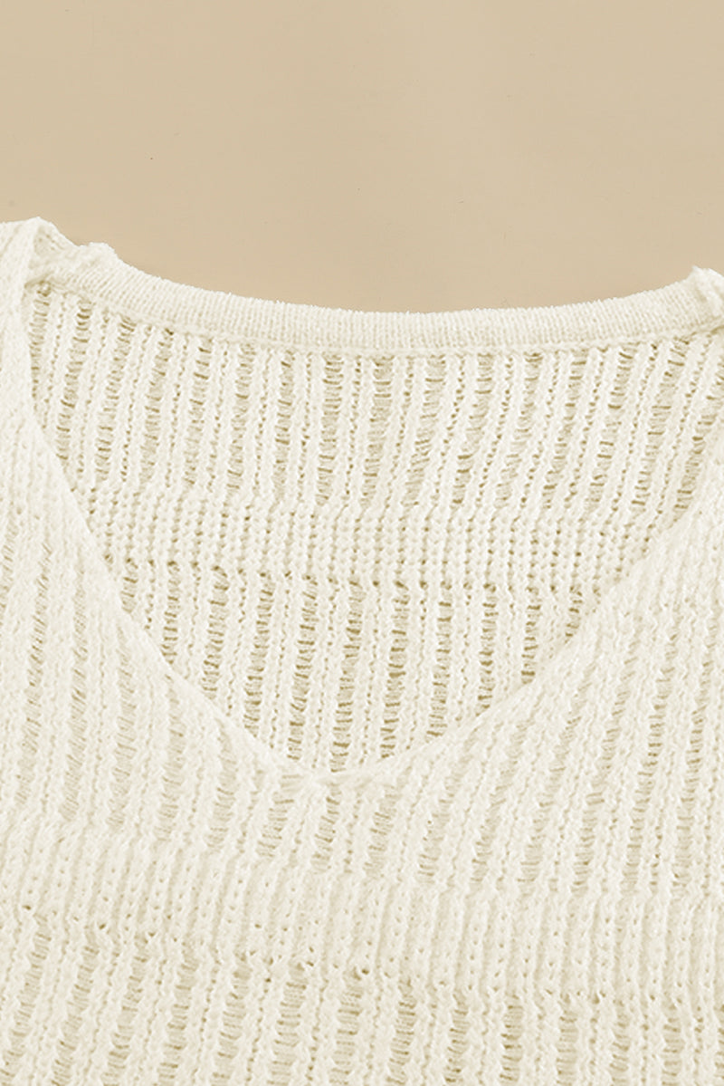 White Loose Long Sleeve V Neck Open Knit Sweater