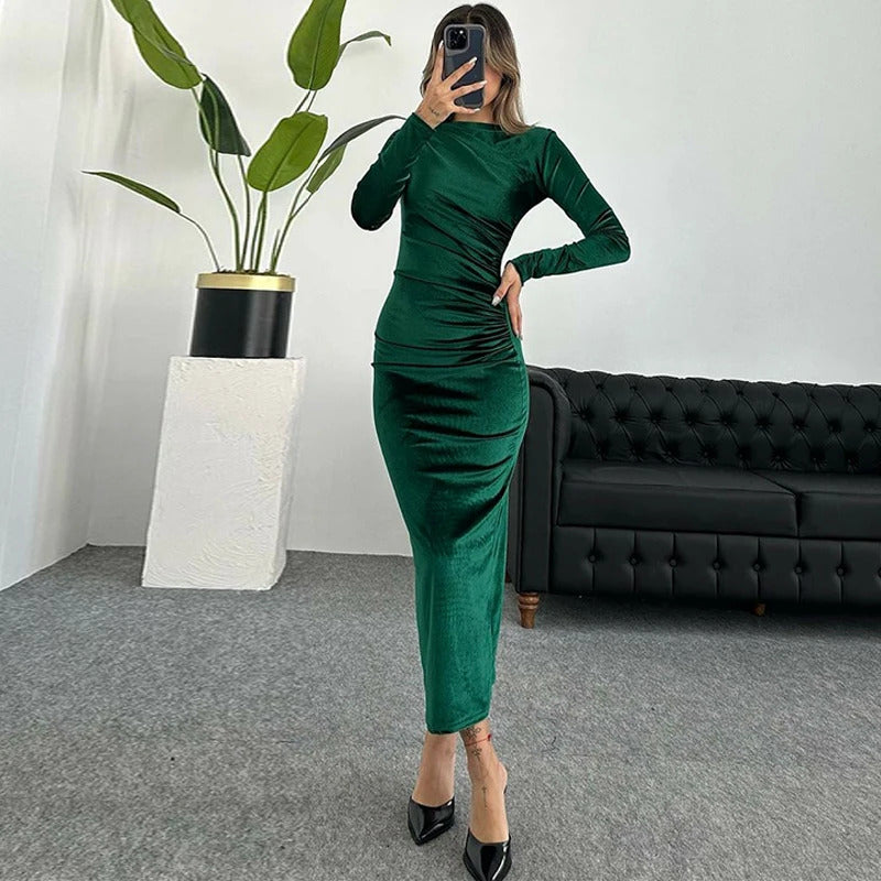 Dulzura Velvet Solid Midi Dress Long Sleeves 2023 Autumn Winter Women'S Outfits Sexy Wholesale Drop Shipping Clubwear Birthday