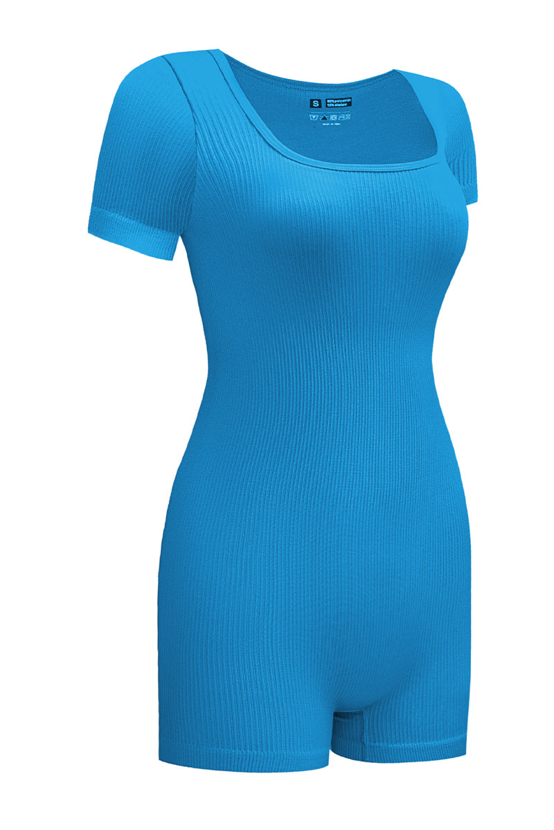 Sky Blue Ribbed Square Neck Short Sleeve Athleisure Romper