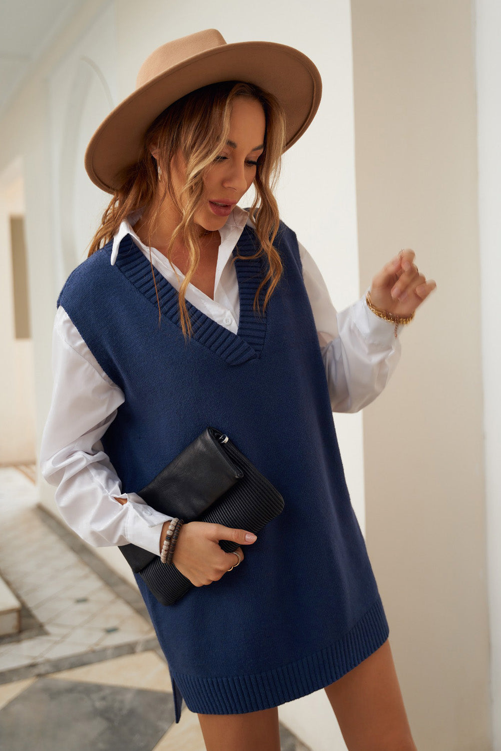 Dark Blue Knit Vest Pullover Sweater