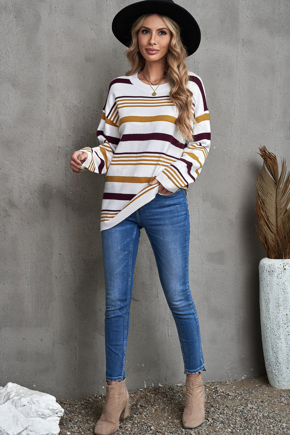 Brown Striped Crewneck Long Sleeve Sweater