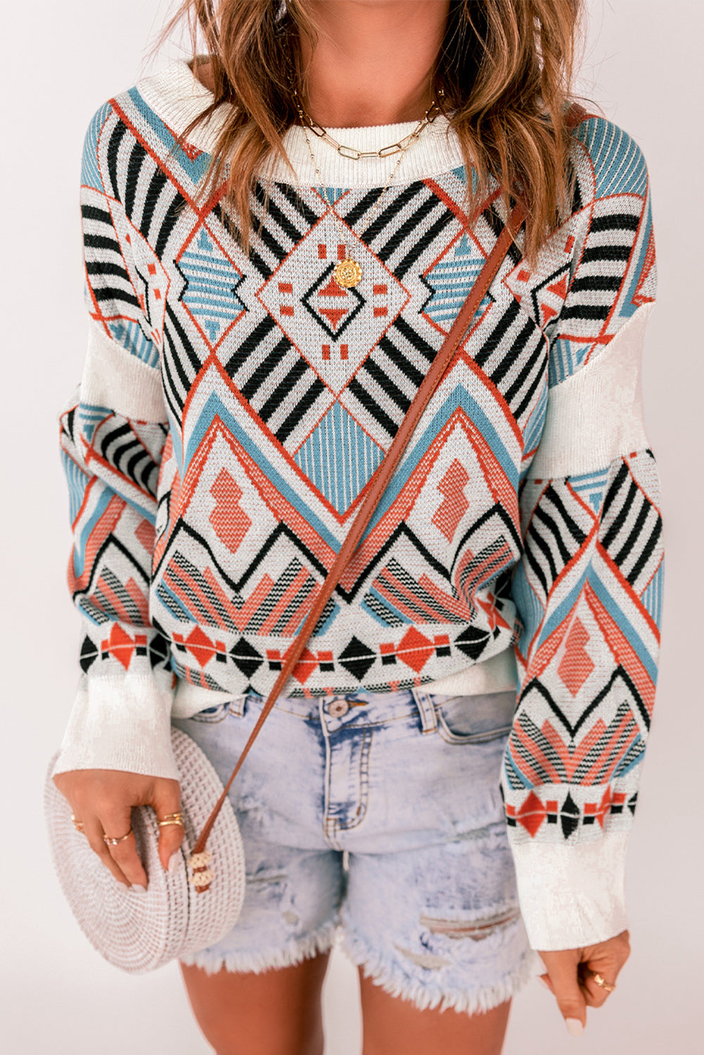 Multicolor Aztec Print Knitted Pullover Sweater