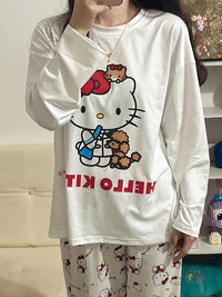 Women's Loose Round Neck Cute Kitty Homewear Pajamas Women's Simple Leisure Long Sleeve Long Pants Two-piece Suit Pajamas  Women