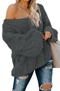 Dark Gray Bubblegum V-Neck Braided Knit Sweater