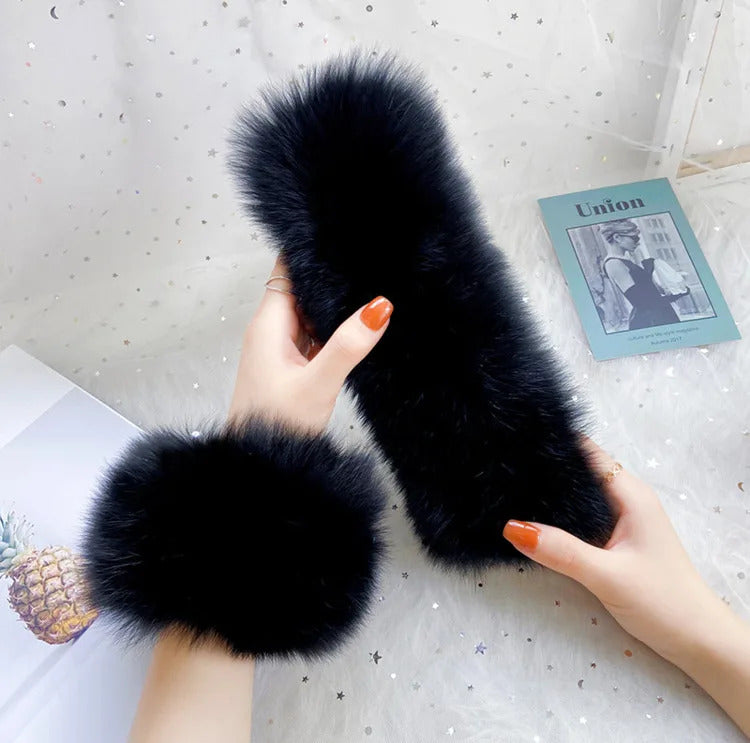 Natural Fox Fur Cuffs Wrist Arm Warmer Women Jacket Coat Sleeve Fur Triming Ladies Bracelet Real Fur Wristand Glove Snap Ring