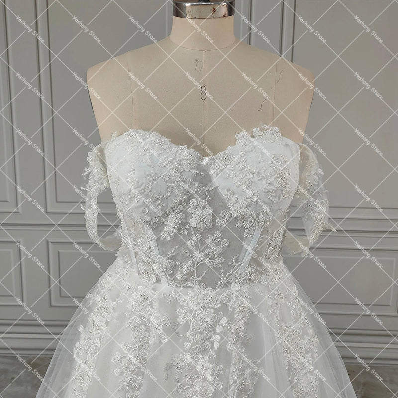 Luxe Shimmer Tulle Off Shoulder Wedding Dress with Embroidered 3D Flowers Sweetheart Puffy Lace Up Customized Bridal Gowns