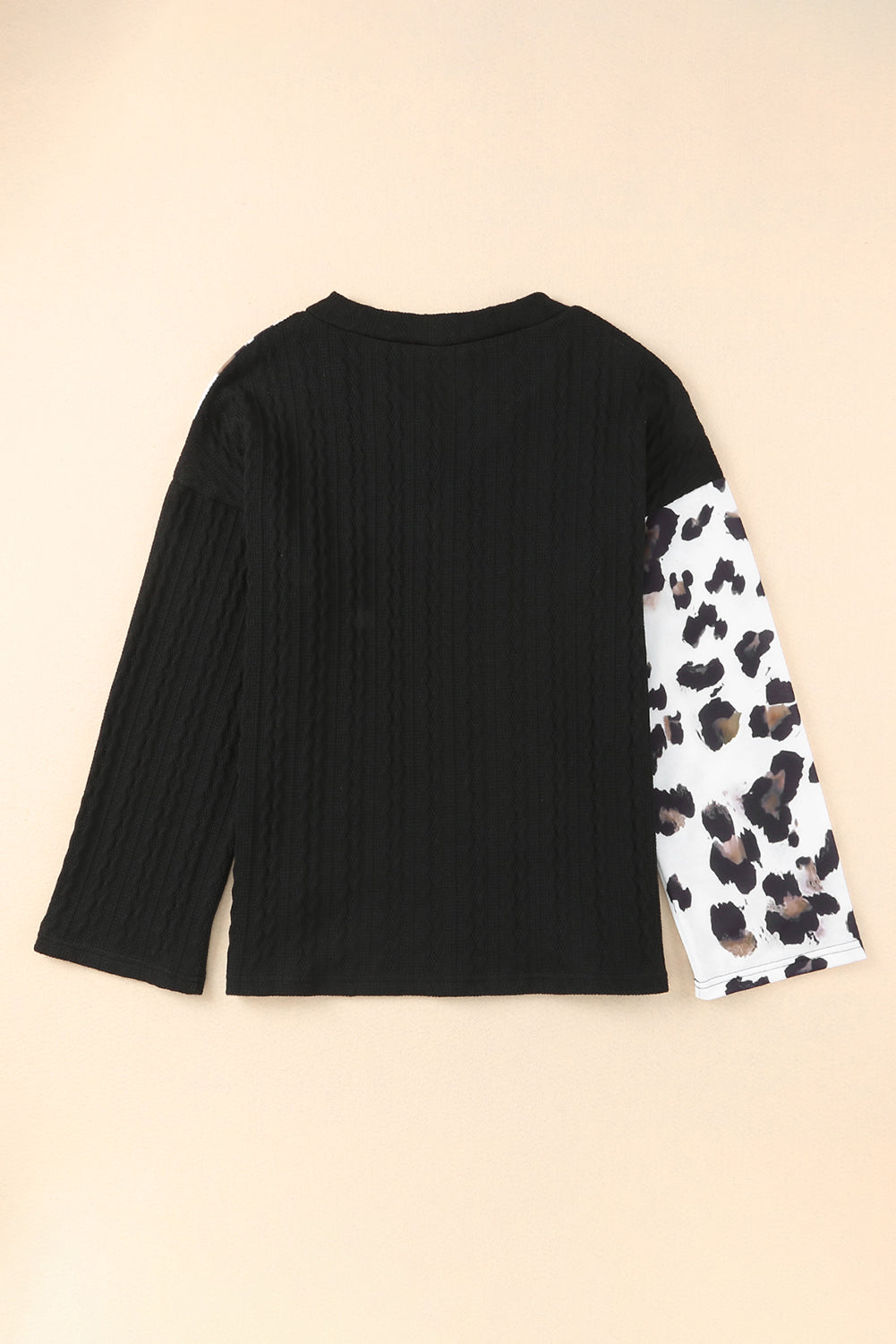 Black Asymmetric Leopard Patchwork Wide Sleeve V Neck Sweater