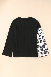 Black Asymmetric Leopard Patchwork Wide Sleeve V Neck Sweater