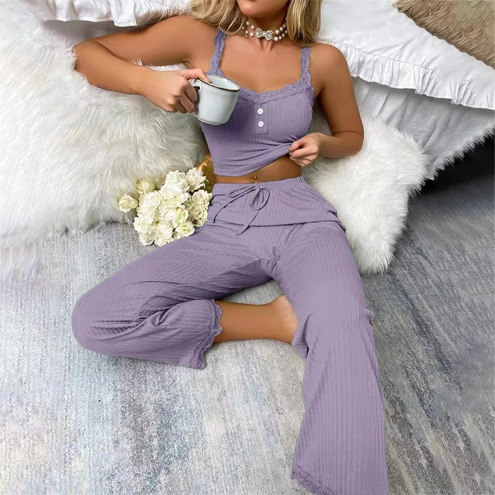 Women's Sexy Pajamas Set 2024 Summer Ribbed Sleeveless Top Long Pants Sleepwear 2 Piece Set For Women Home Casual Suspender Suit