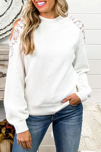 Black Round Neck Lace Splicing Cold Shoulder Sweater