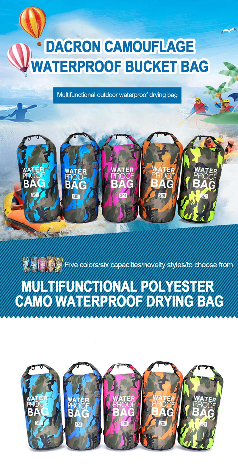 2/5/10/15/30L Outdoor Camouflage Waterproof Dry Bags Portable Rafting Diving Dry Bag Sack PVC Swimming Bags for River Trekking