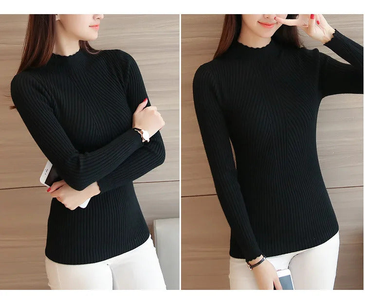 2024 Autumn Women Mock Neck Ruffles Sweater Long Sleeve Knitted Bottoming Solid Pullovers Stripe Women Casual Sweater Winter