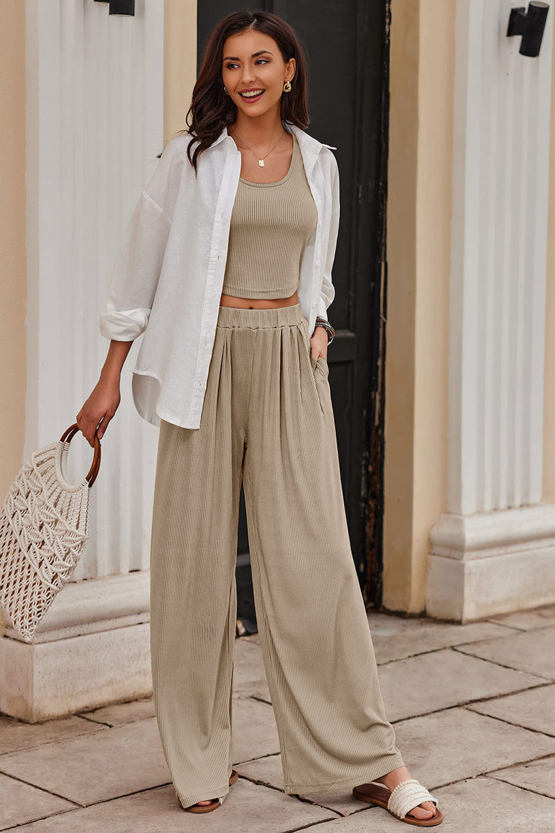 Black Textured Sleeveless Crop Top and Wide Leg Pants Outfit