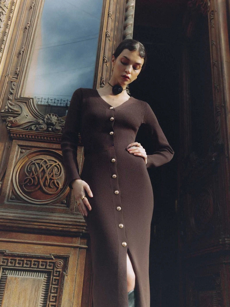 Trendix Elegant Evening Dress Women V Neck Long Sleeve Patchwork Button Slit Sweater Dresses 2024 Autumn Winter Knit Maxi Dress