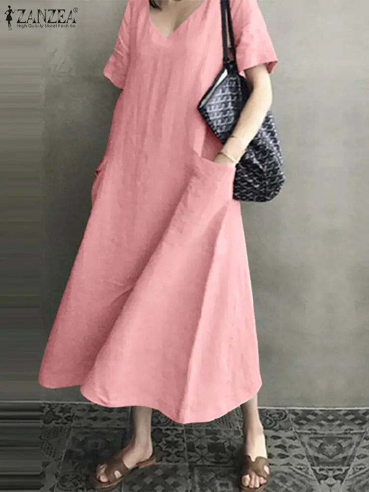 ZANZEA 2023 Women Long Maxi Summer Dress Casual Cotton Linen  Ladies Big Pockets Beach Party Robe Femme Vestidos