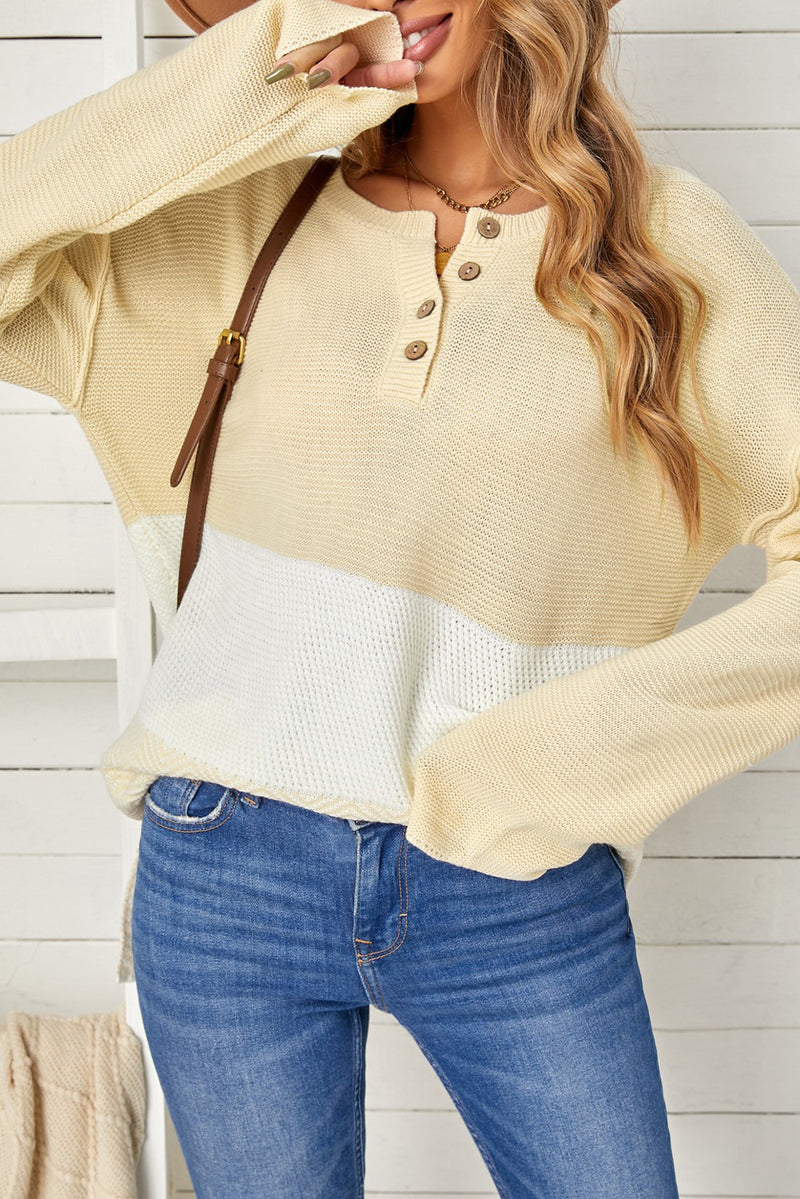 Brown Splicing Buttoned Knitted Long Sleeve Sweater