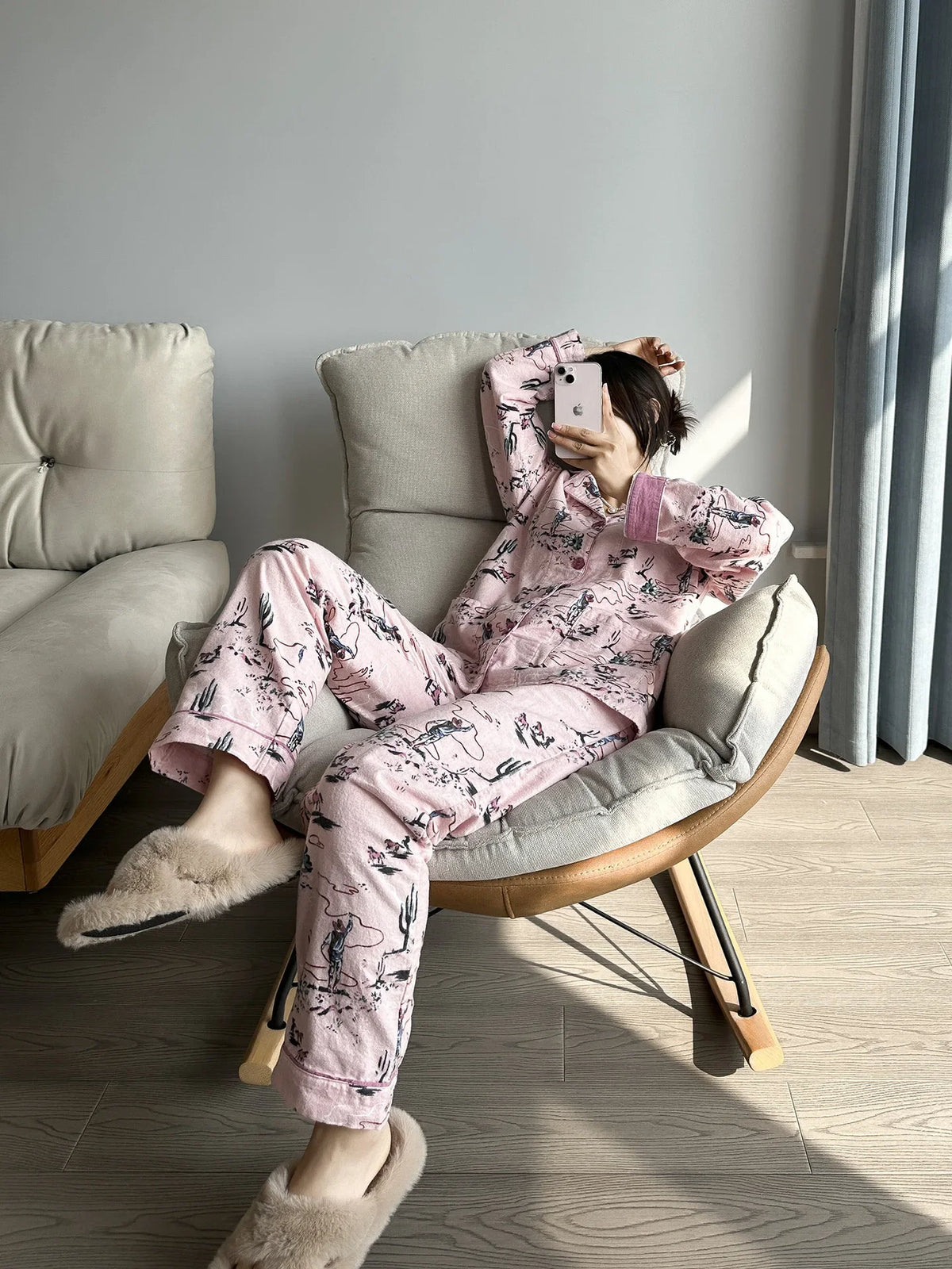 100% Cotton Pajamas for Women Loose Cartoon Long Sleeve Pants Loungewear Women 2 Piece Set Pj Women Outfit Sleepwear Set Pijamas