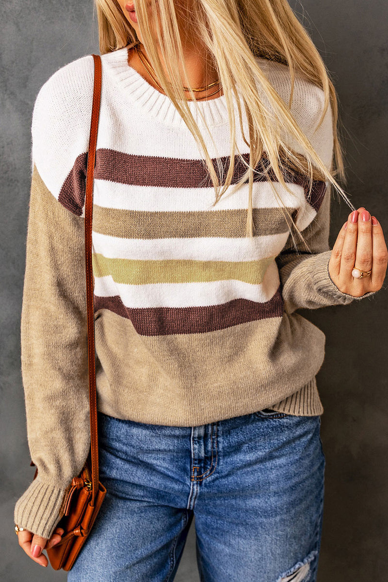 Khaki Crew Neck Striped Long Sleeve Sweater