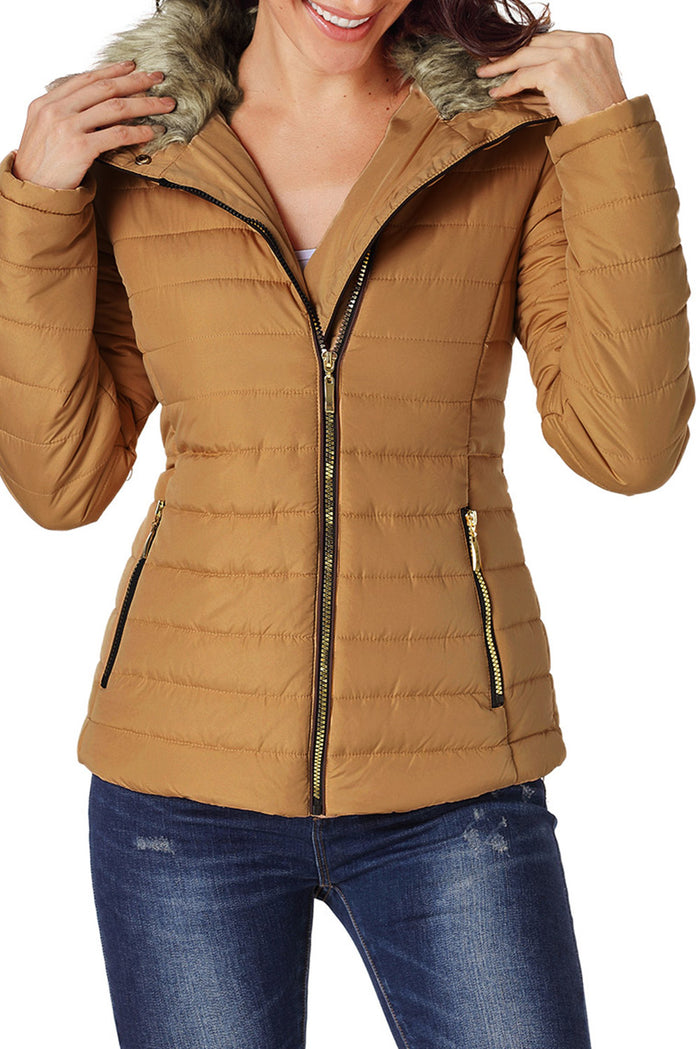 Camel Faux Fur Collar Trim Black Quilted Jacket