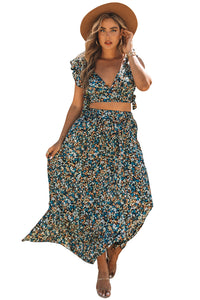 Women's Floral Ruffled Crop Top and Maxi Skirt Set for Fashionable and Fresh Style