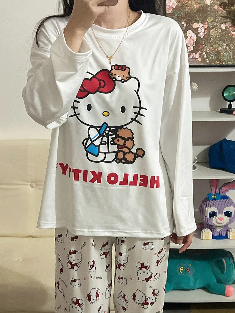 Women's Loose Round Neck Cute Kitty Homewear Pajamas Women's Simple Leisure Long Sleeve Long Pants Two-piece Suit Pajamas  Women