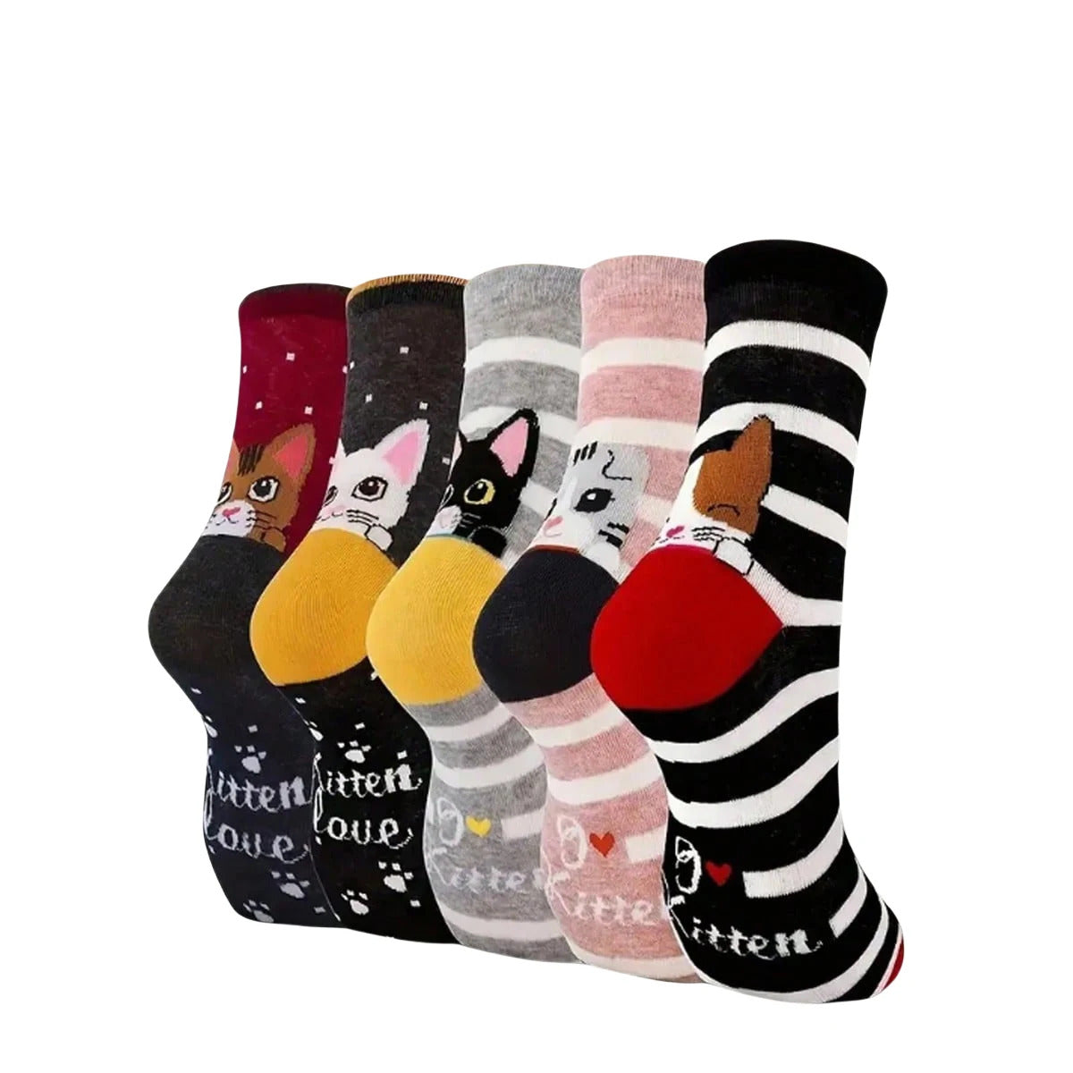 5 Pairs of Women's Crew Socks with Cat Patterns, Cute, Unique, Fun, Comfortable, Moisture-Wicking