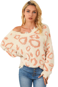 Leopard Animal Print Distressed Trim Fuzzy Sweater