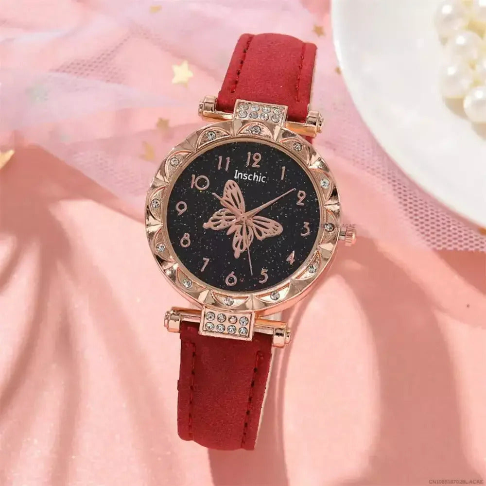 Women Fashion Watch Set No Box Quartz Wristwatch Luxury Crystal Rhinestone Pearl Quartz Watches Butterfly Watches Bracelet Set