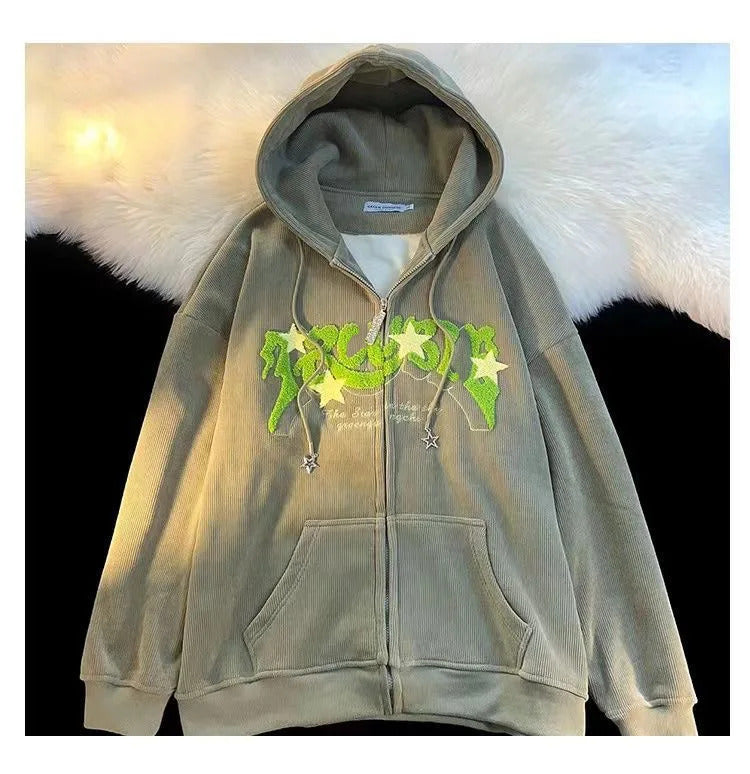 Fashion Embroidery Zip Up Hoodies Women Autumn Long Sleeve Tops Loose Hood Shirt Harajuku Y2K Clothes Female Sweatshirt Jacket