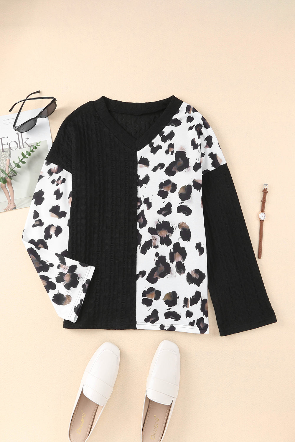 Black Asymmetric Leopard Patchwork Wide Sleeve V Neck Sweater