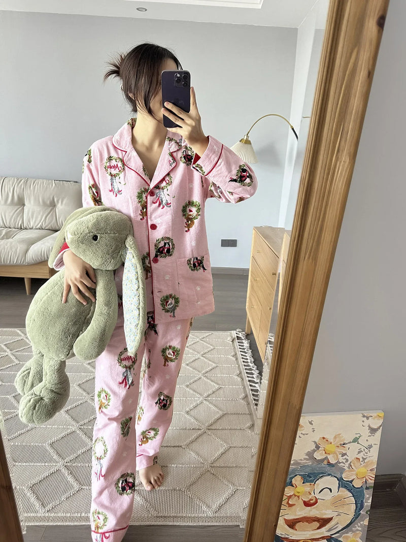 100% Cotton Pajamas for Women Loose Cartoon Long Sleeve Pants Loungewear Women 2 Piece Set Pj Women Outfit Sleepwear Set Pijamas