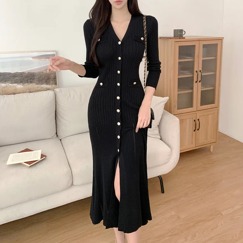 Summer Midi Dress Women Knitted Black Bodycon Korea Style Ruffle Ladies Dresses Elegant Fashion Casual Woman Dress 2024