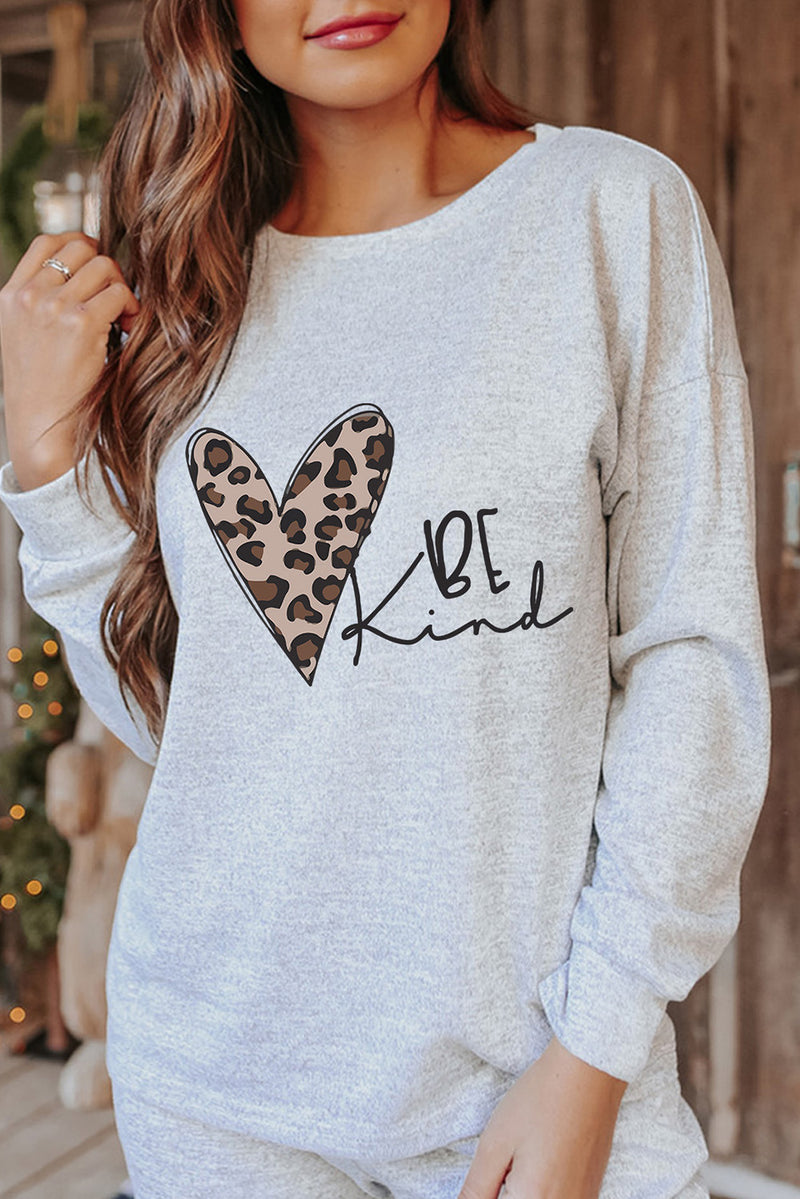 Gray BE Kind Leopard Heart Graphic Pullover and Joggers Lounge Set