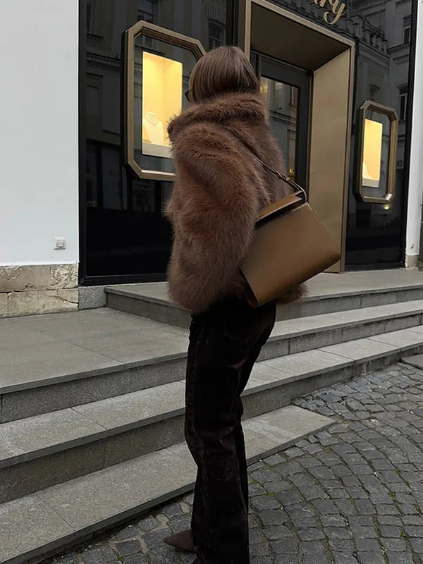 Luxury Solid Warm Faux Fur Jacket For Women Warm Lapel Fluffy Plush Long Sleeve Coat 2025 Winter New Lady Commuting Outerwear