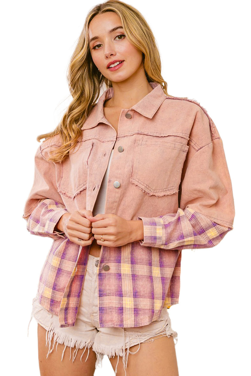 Pink Frayed Patchwork Plaid Contrast Jacket