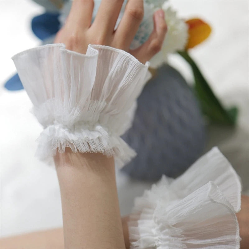 Women Wrist Cuffs Removable Lace Ruffled Wedding Supply Bride Dress False Sleeves Tulle Flared Sleeves F0T5