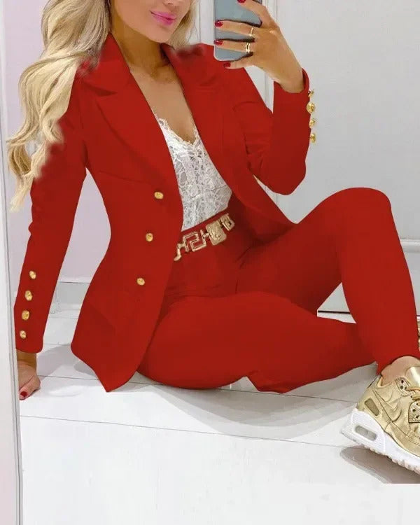 New 2025 Formal Office Pant Sets Women 2PCS Double Breasted Solid Blazers Jacket and Pants Two Pieces Set Female Pant Suits Sets