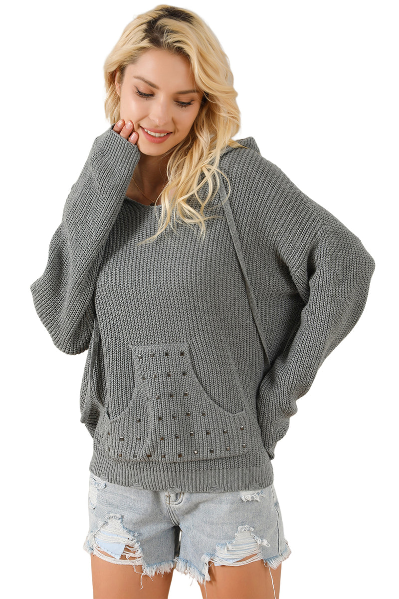 Gray Rivet Kangaroo Pocket Hooded Sweater