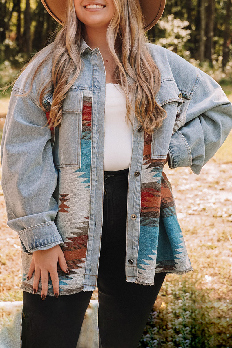 Sky Blue Plus Size Denim Aztec Jacket