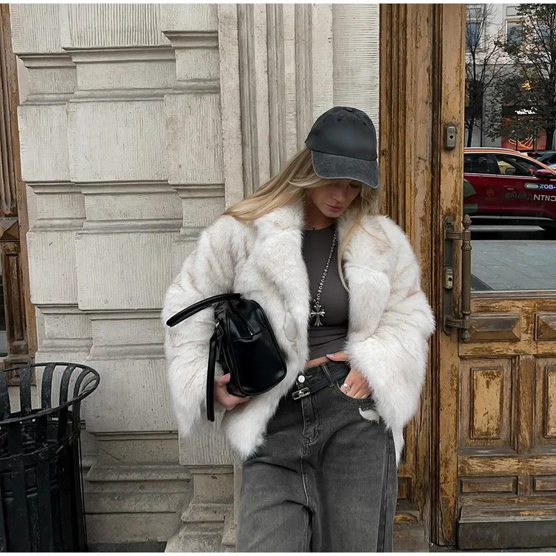 Solid Fluffy Faux Fur Women Thick Coat Fashion Warm Lapel Long Sleeve Short Jackets 2024 Winter Female Elegant Street Outerwear