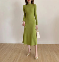 Autumn Winter 2023 Slim Long Sleeve Party Midi Dress for Women Knitted Half High Collar Elegant Knitted Sweater Dresses Ladies