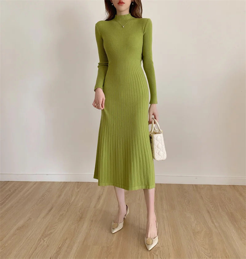 Autumn Winter 2023 Slim Long Sleeve Party Midi Dress for Women Knitted Half High Collar Elegant Knitted Sweater Dresses Ladies